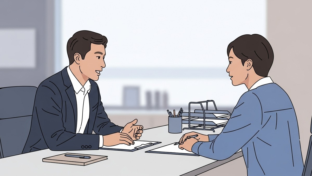 Manager and employee having a constructive performance discussion in a private office setting