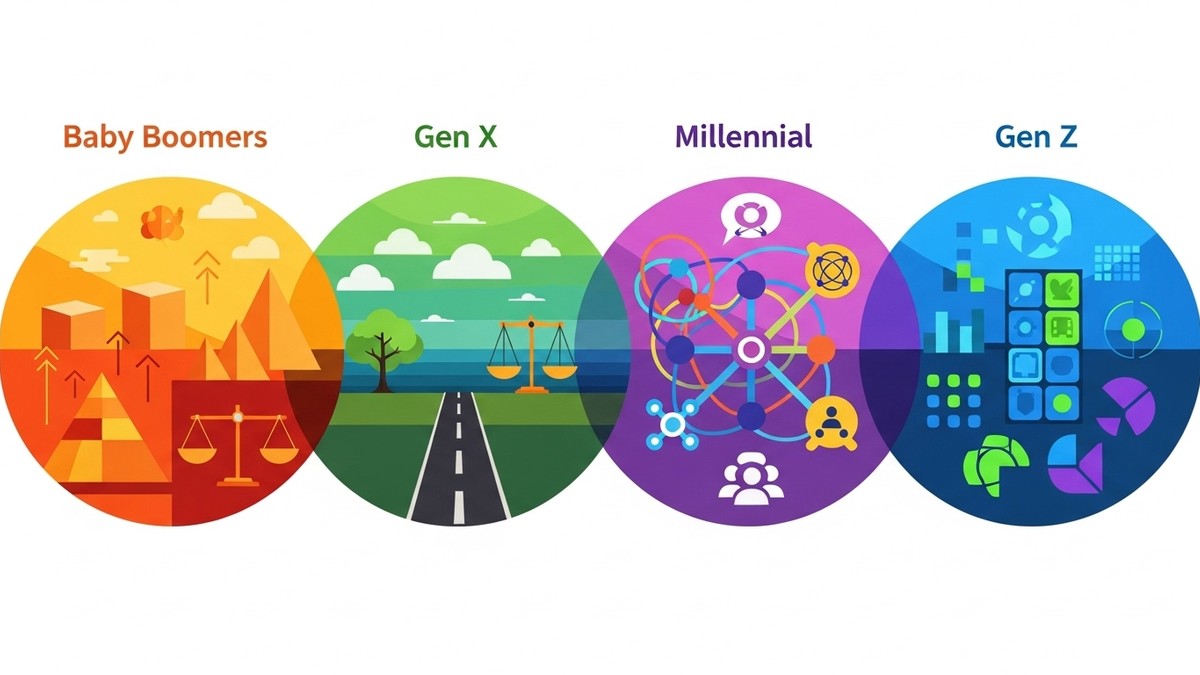Visual representation of four generations as distinct cultural zones with different visual characteristics and color schemes