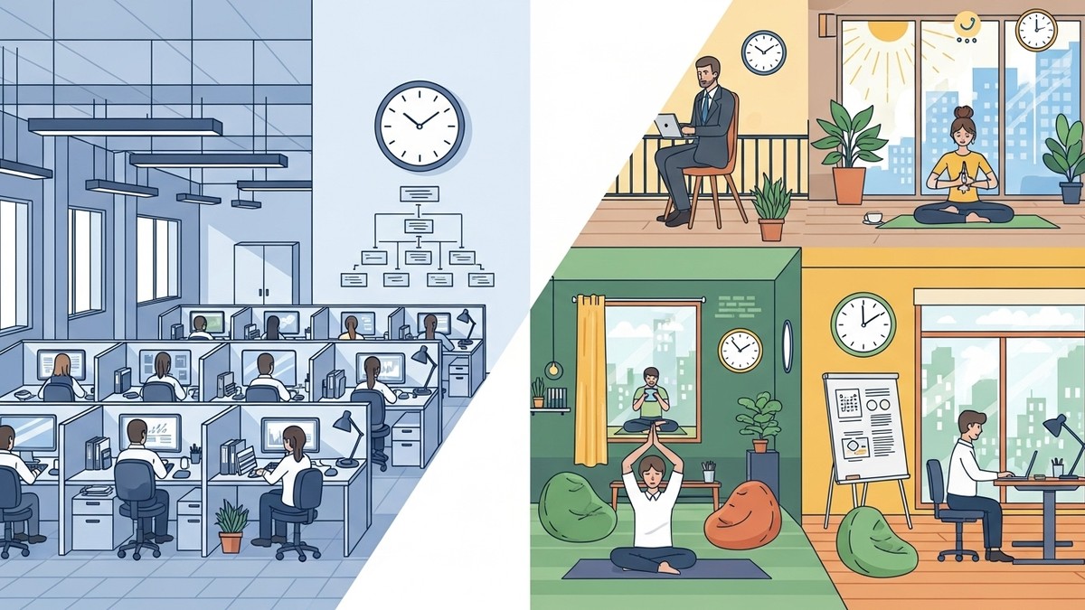 Contrasting visual comparison between traditional stable workplace and modern flexible workplace environments