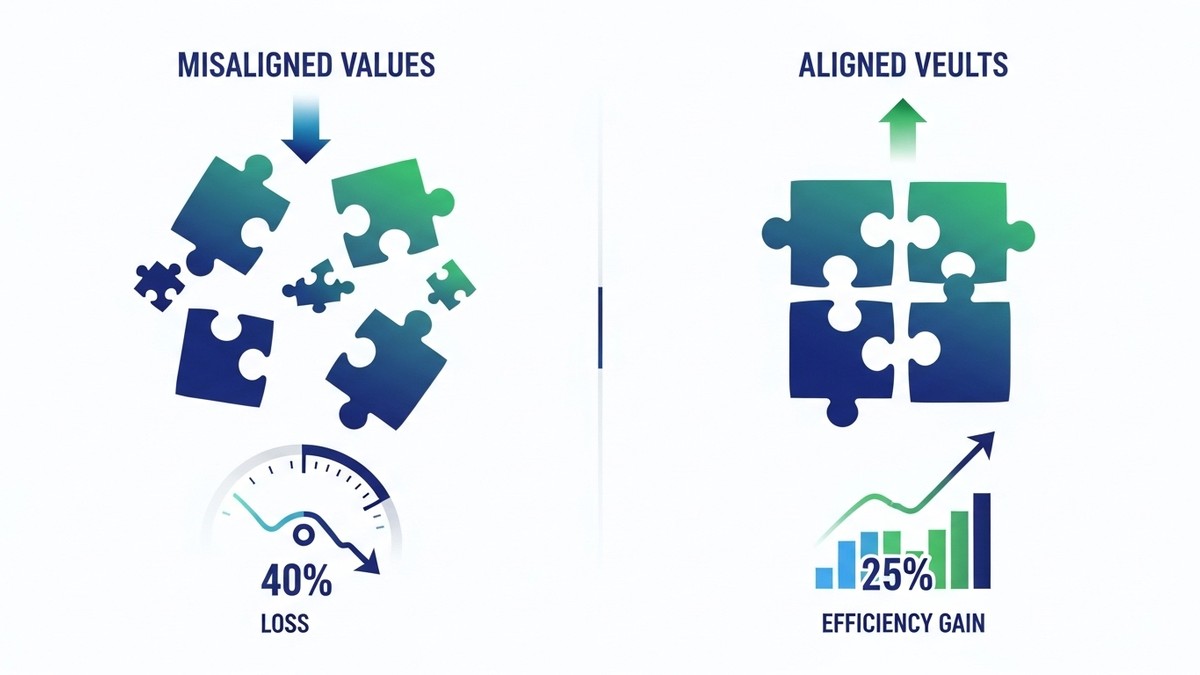 Інфографіка з двома сценаріями: розхідні пазли зі стрілкою вниз означають втрату 40%, об'єднані пазли зі стрілкою вгору означають 25% підвищення ефективності