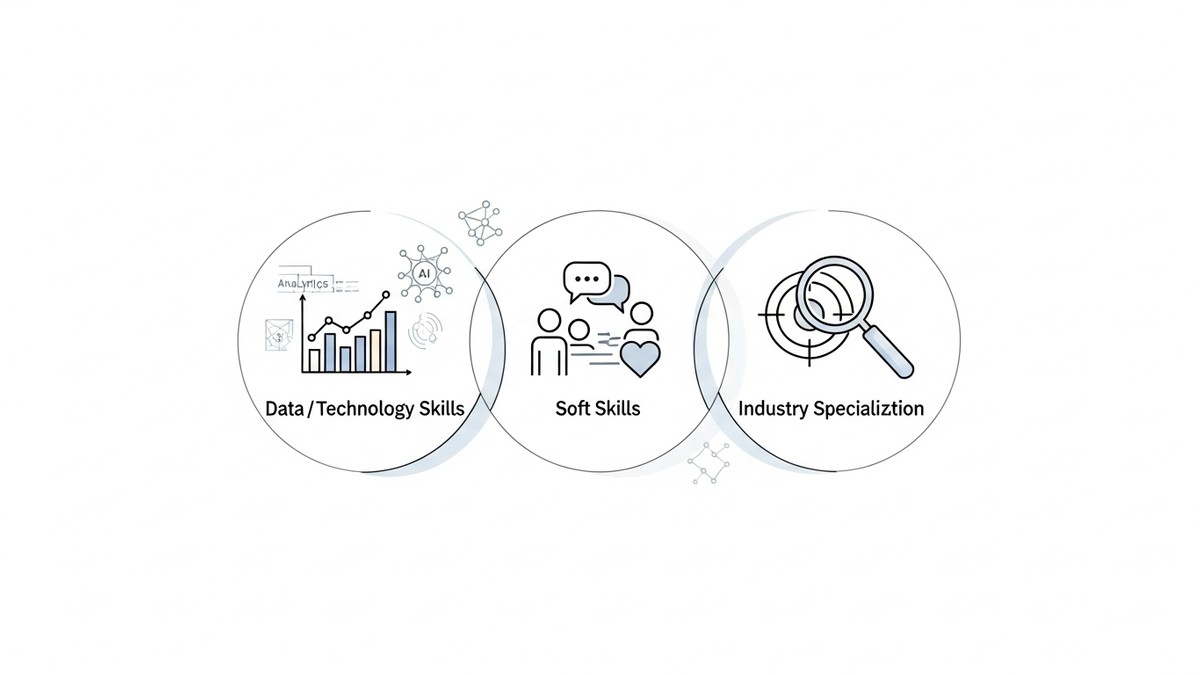 Three interconnected skill clusters for HR consultants: hard skills (data & tech), soft skills (communication & change), and industry expertise