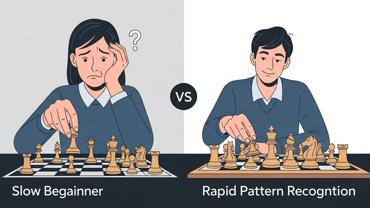 Порівняння способу розставлення шахових фігур: новачок ставить фігури поодинці, експерт — групами