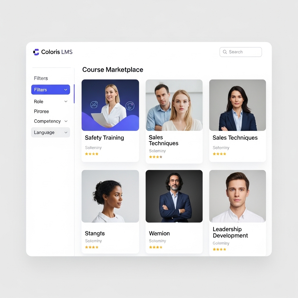 Каталог курсів у Coloris LMS з фільтрами по компетенціях та мовах